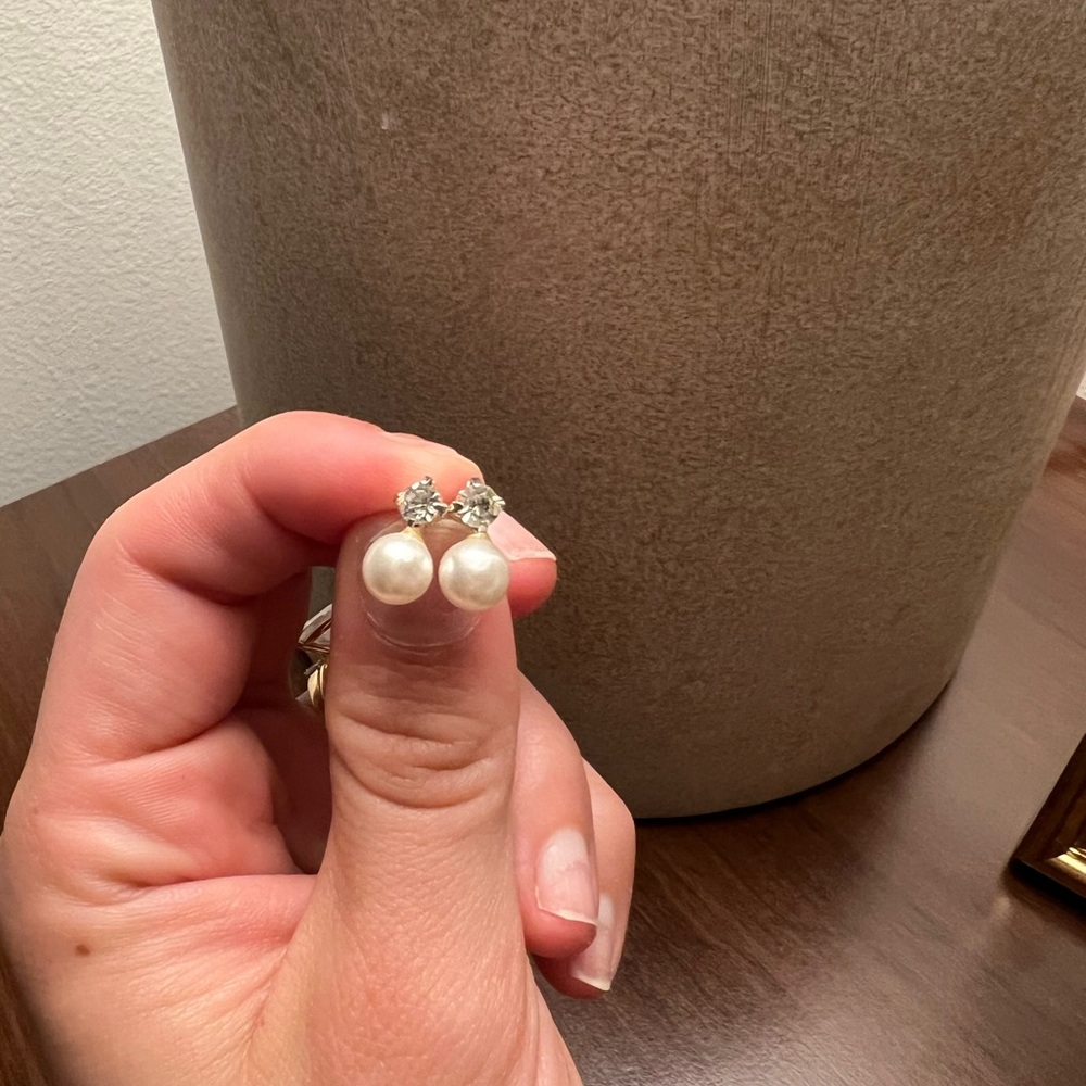 Vintage Faux Pearl Diamond Stud Earrings